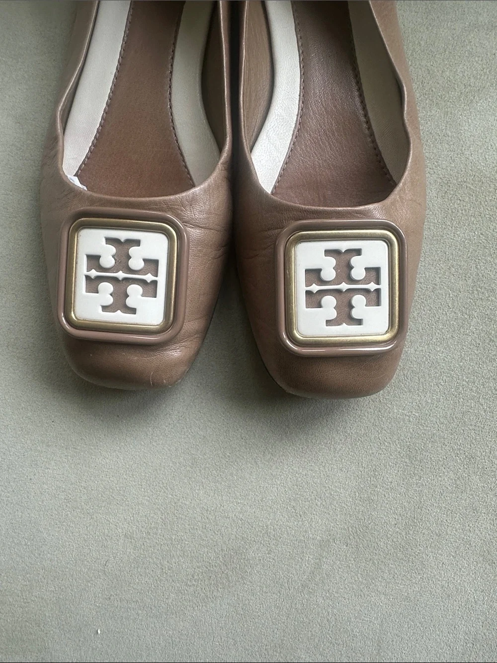 Tory Burch Blush Taupe Square-Toe Logo Ballet Flats